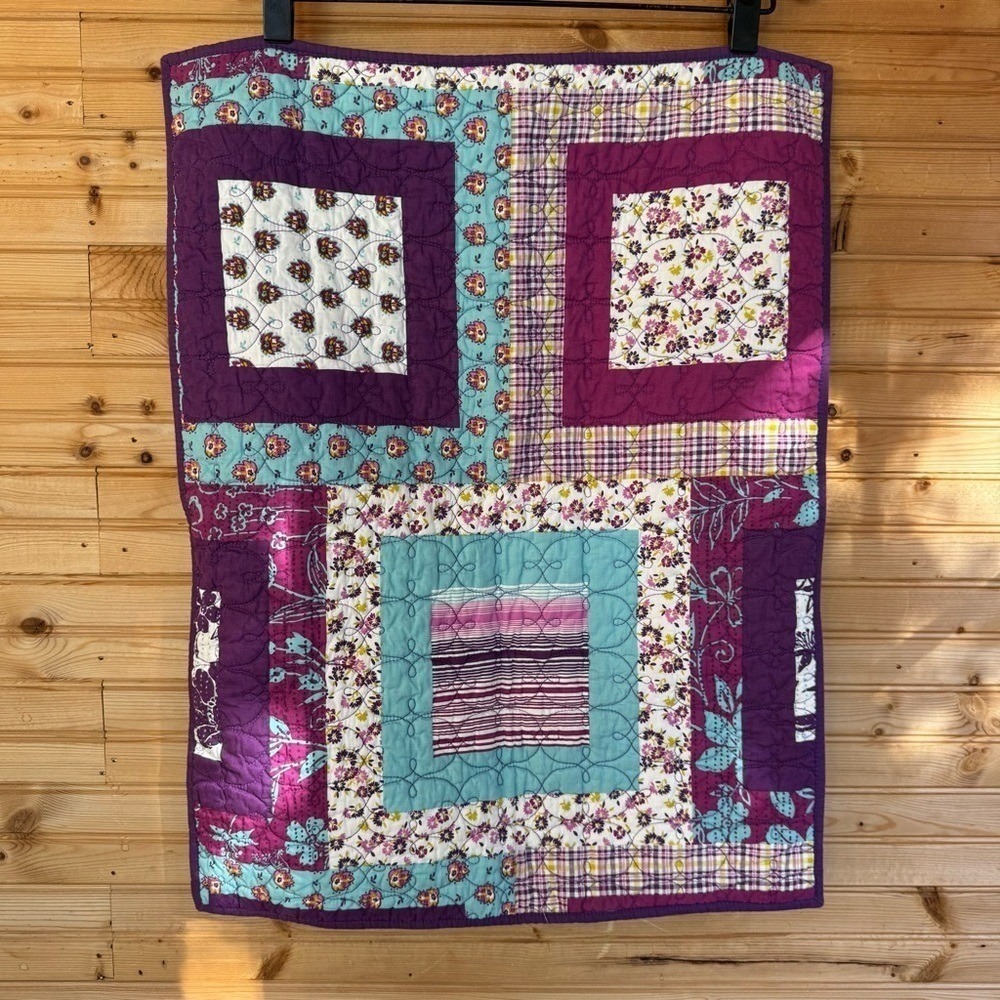 Pillow Sham Patchwork Quilt Purple Aqua Pink Retro Boho Country Home Guest Bed